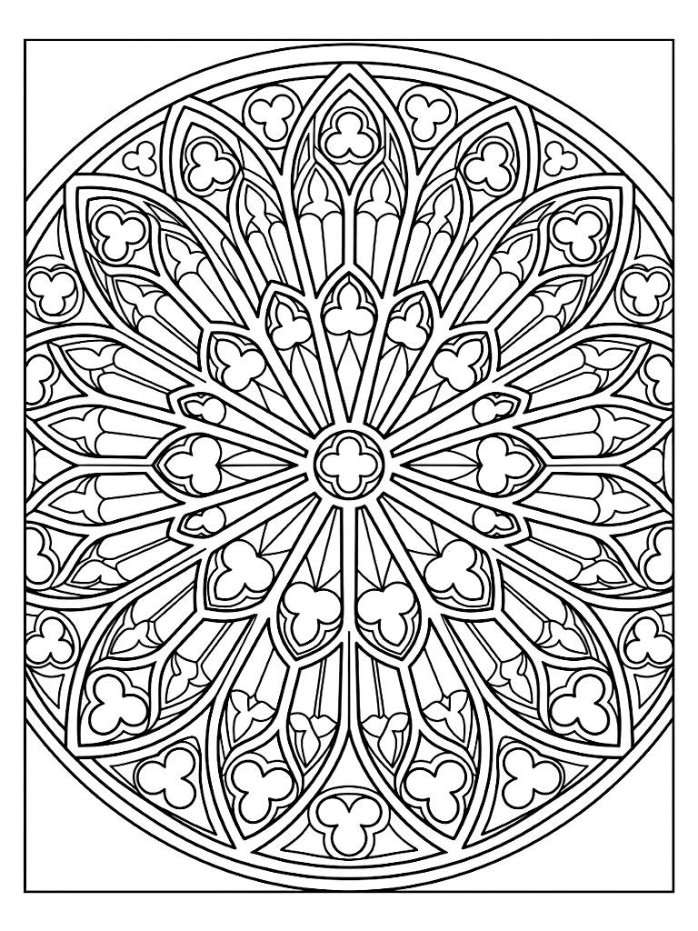 Intricate Circular Mandala Designed To Look Like A Massive Gothic Cathedral Stained Glass Rose Window With Sharp Geometric Arches Coloring Page