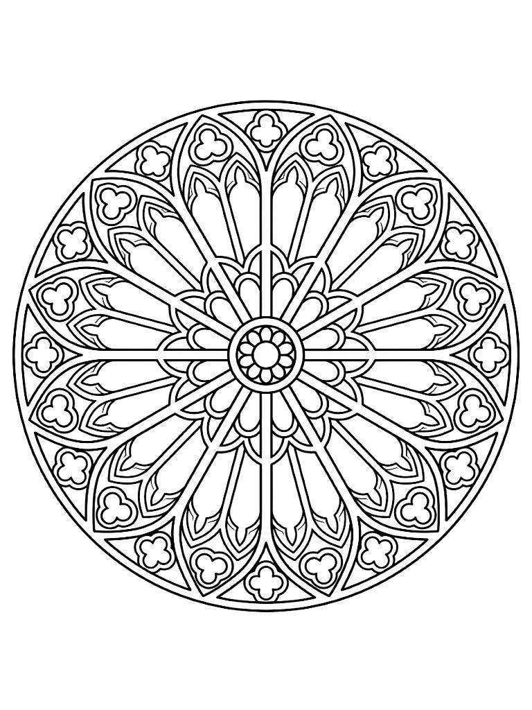 Intricate Circular Mandala Designed To Look Like A Massive Gothic Cathedral Stained Glass Rose Window With Sharp Geometric Arches Coloring Page