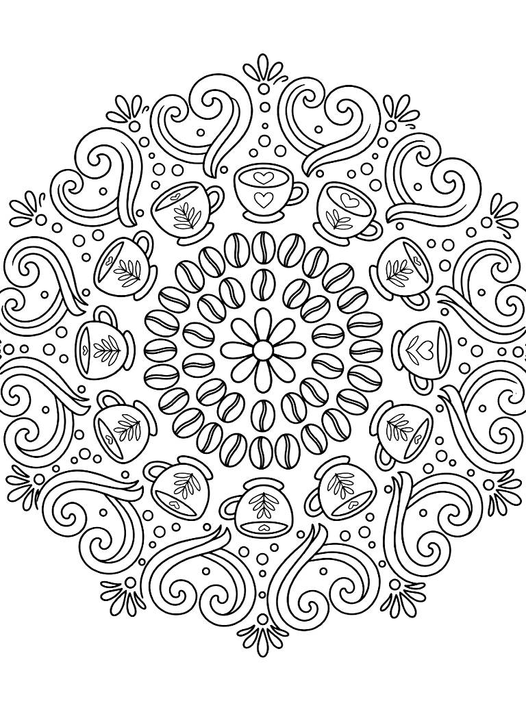 Intricate Coffee-Themed Mandala Featuring Concentric Rings Of Roasted Coffee Beans Delicate Latte Art Cups And Curling Steaming Swirls Coloring Page