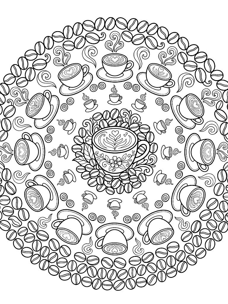 Intricate Coffee-Themed Mandala Featuring Concentric Rings Of Roasted Coffee Beans Delicate Latte Art Cups And Curling Steaming Swirls Coloring Page