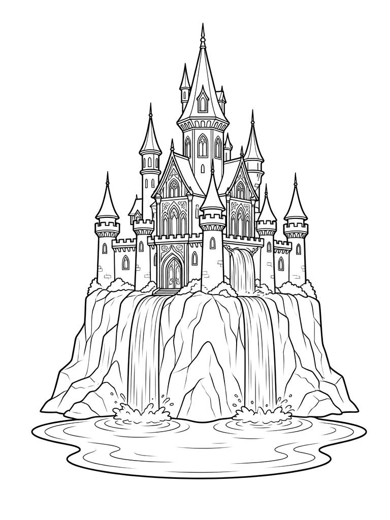 Intricate Elven Castle Carved Into A Giant White Cliff With Waterfalls Flowing From The Windows Into A Crystal Lake Coloring Page