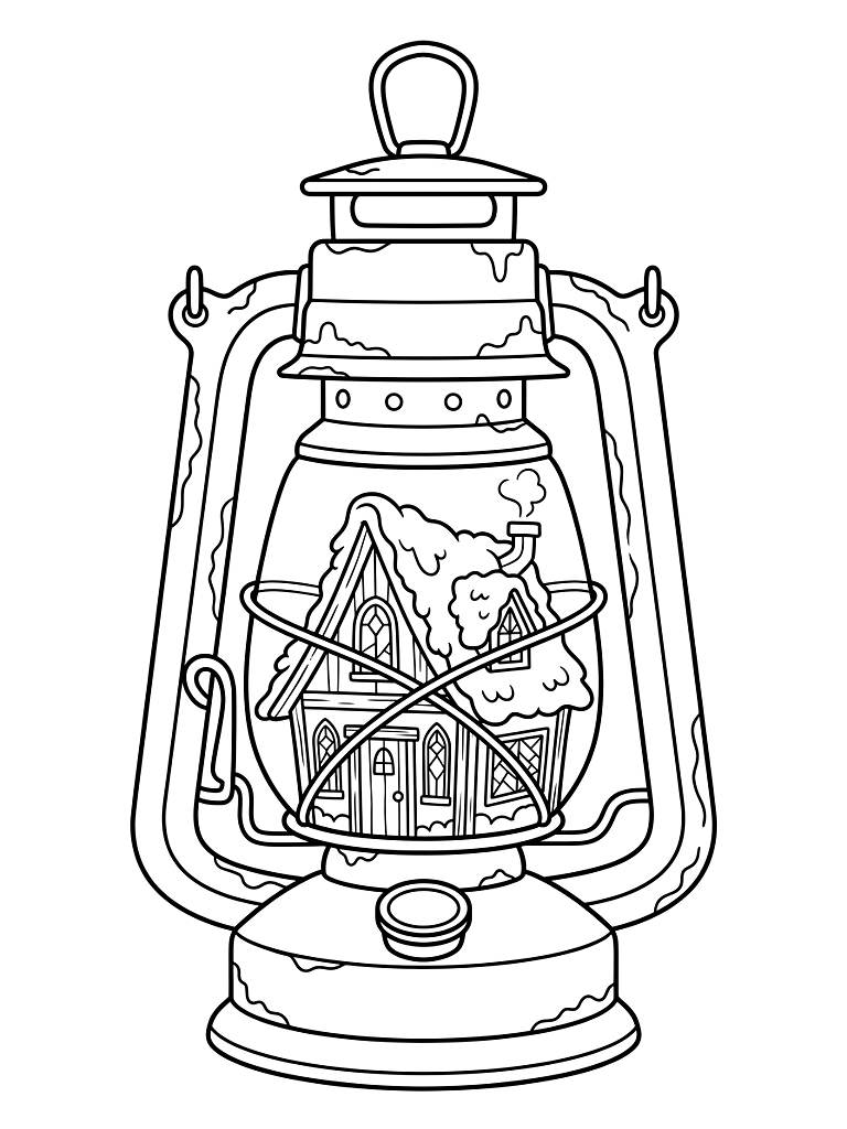 Intricate Fairy Cottage Built Inside A Rusted Vintage Brass Lantern With Tiny Stained Glass Windows And A Mossy Roof Coloring Page