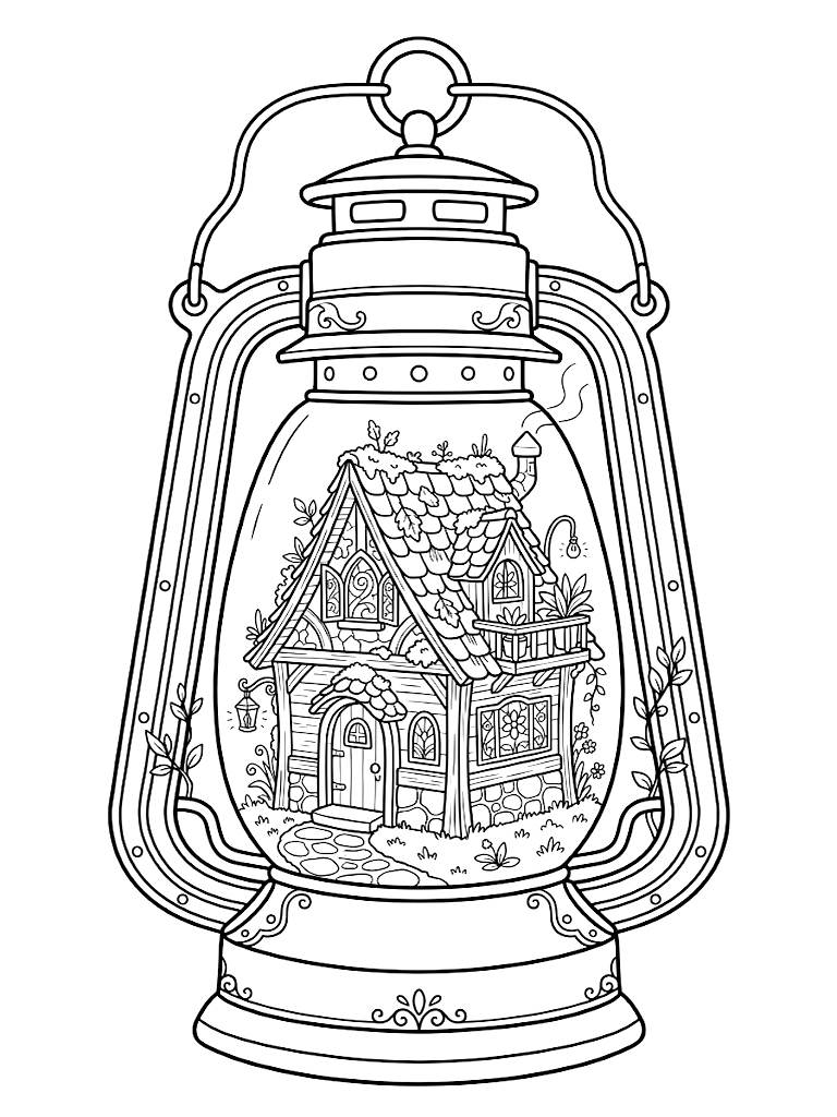 Intricate Fairy Cottage Built Inside A Rusted Vintage Brass Lantern With Tiny Stained Glass Windows And A Mossy Roof Coloring Page