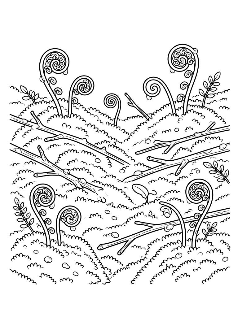 Intricate Forest Floor Scene With Soft Emerald Pillow Moss Coloring Page