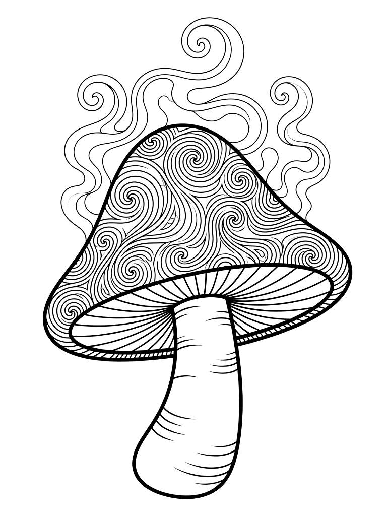 Intricate Mushroom With A Psychedelic Liquid Marble Pattern On Its Cap And Swirling Smoke Tendrils Coloring Page