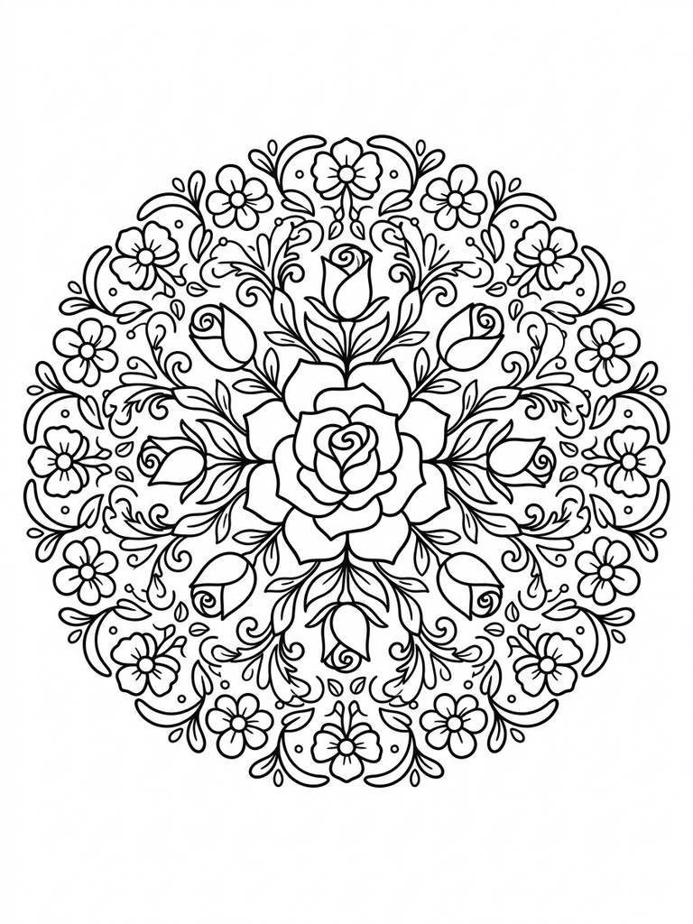 Intricate Rose Mandala / Floral Mandala Pattern Coloring Page