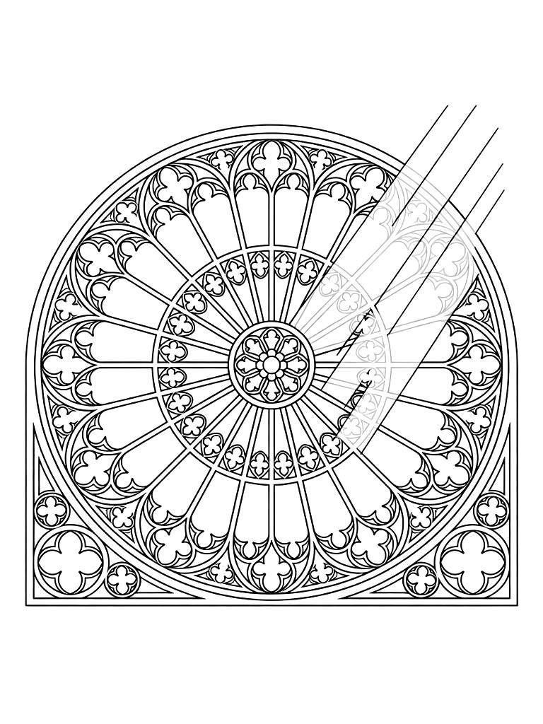 Intricate Rose Window Of A Gothic Cathedral With Streaming Sunlight Beams Coloring Page
