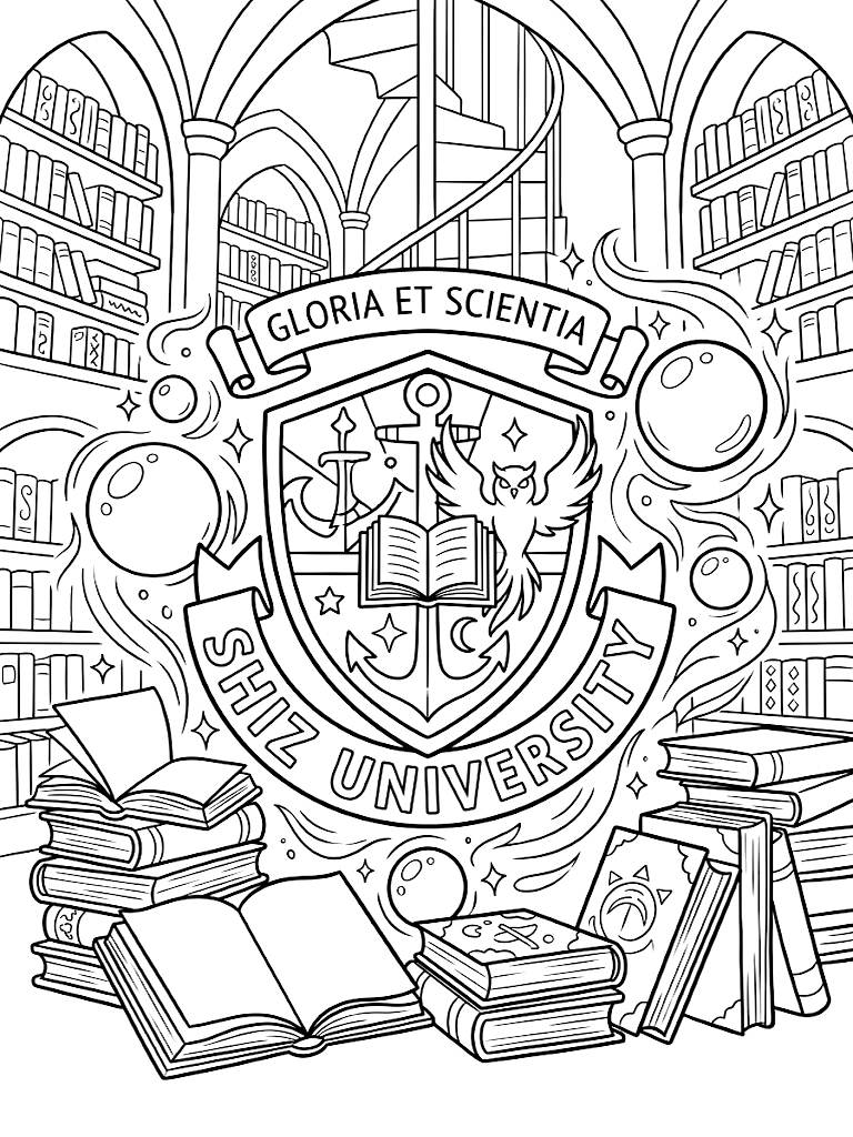 Intricate Shiz University Crest Surrounded By Floating Magical Orbs And Stacked Spellbooks In A Grand Library Setting Coloring Page