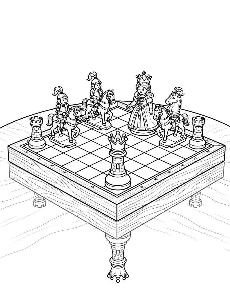 Intricate Wooden Chess Board Mid-game With Detailed Royal Knights Coloring Page