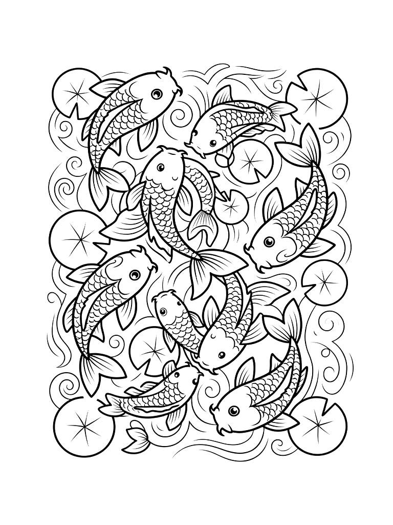 Intricate Zen Doodle Design Made Entirely Of Interlocking Koi Fish And Lily Pads Coloring Page