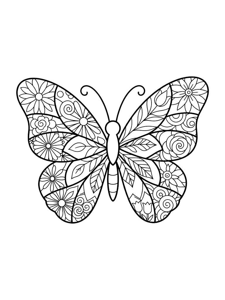 Intricate Zen Doodle Of A Butterfly Where Each Wing Section Is A Different Floral Mandala Pattern Coloring Page