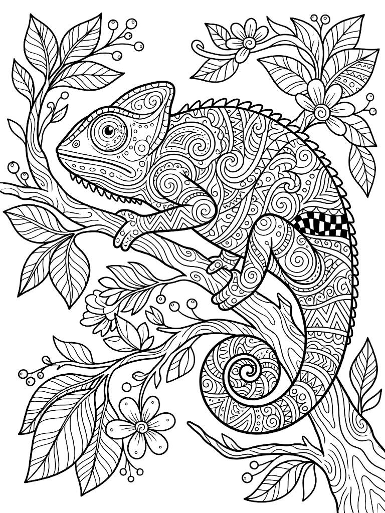 Intricate Zen Doodle Of A Chameleon Resting On A Curled Branch With Its Body Filled With Complex Swirling Tribal And Geometric Patterns Coloring Page