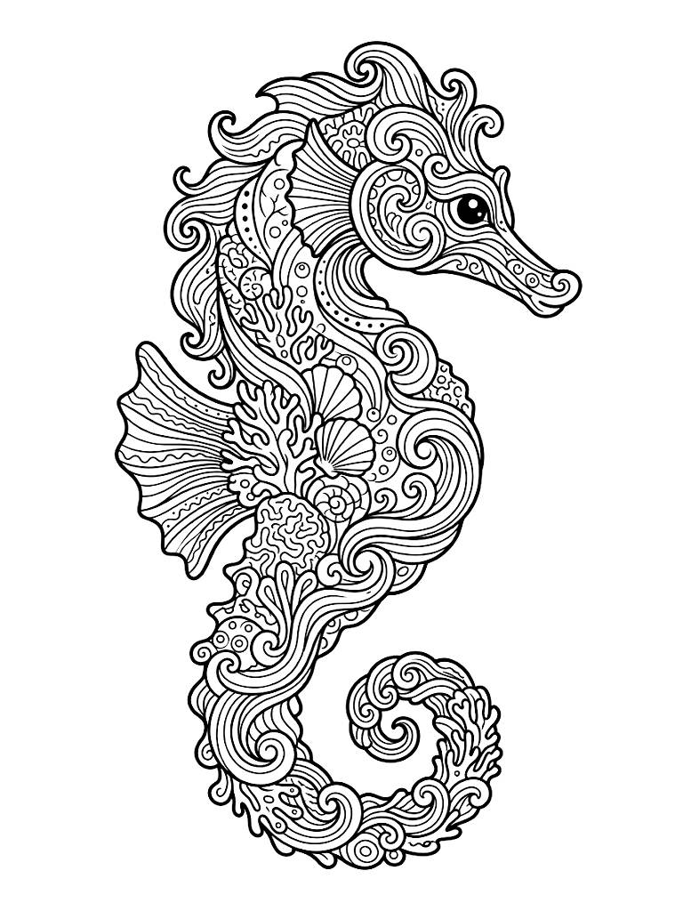 Intricate Zen Doodle Of A Majestic Seahorse Formed By Complex Interlocking Ocean Waves And Highly Detailed Coral Reef Patterns Coloring Page