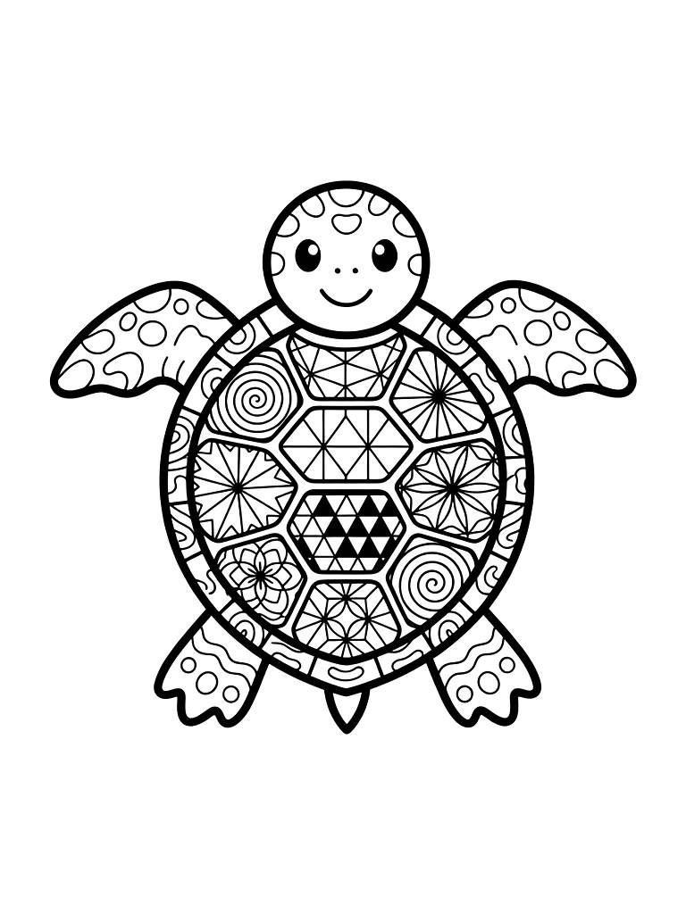 Intricate Zen Doodle Of A Sea Turtle Shell Where Each Plate Is A Geometric Mandala Coloring Page