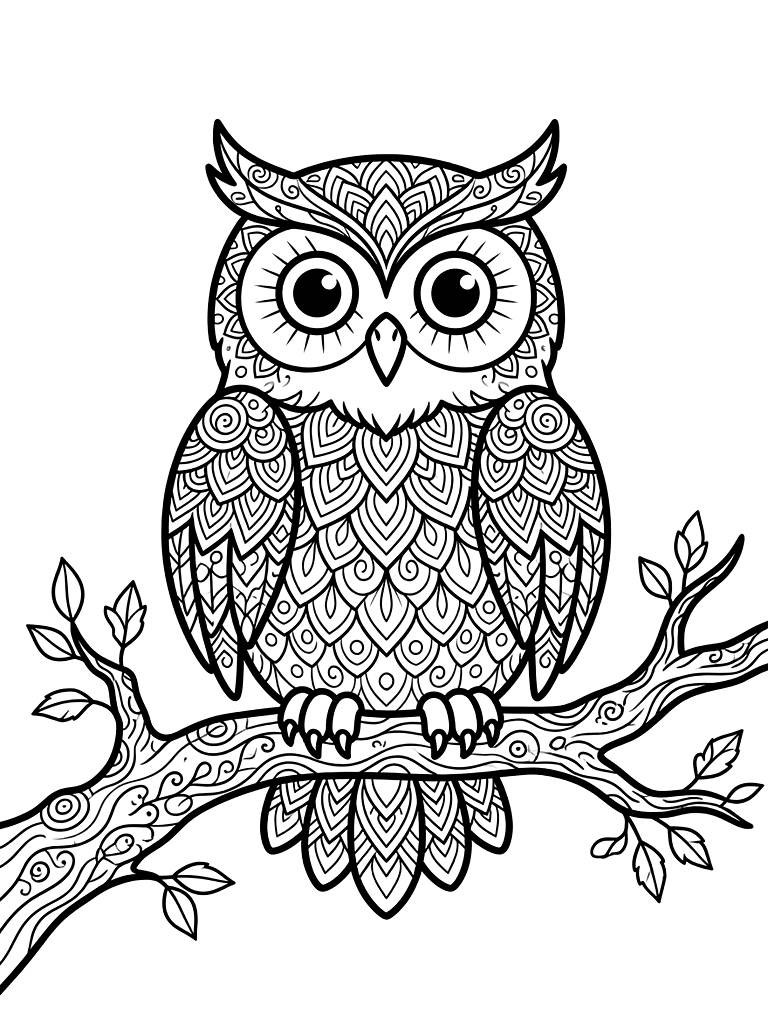 Intricate Zen Doodle Of A Wise Owl Perched On A Branch Coloring Page