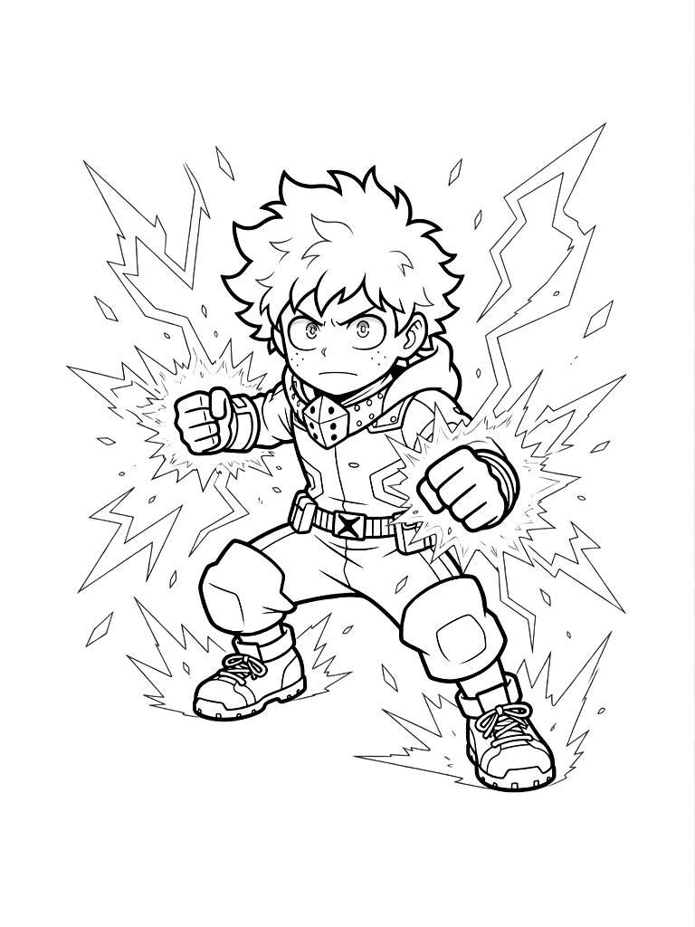 Izuku Midoriya Using One For All With Energy Sparks Coloring Page