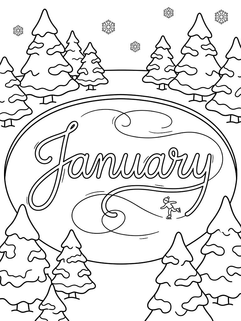 January Title Written In Cursive Skate Tracks On A Frozen Pond Surrounded By Snow-Covered Evergreen Trees Coloring Page