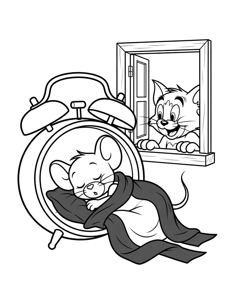 Jerry Mouse Sleeping Cozy Inside A Vintage Alarm Clock Using A Soft Red Ribbon As A Blanket While Tom Cat Peeks Through A Window Coloring Page