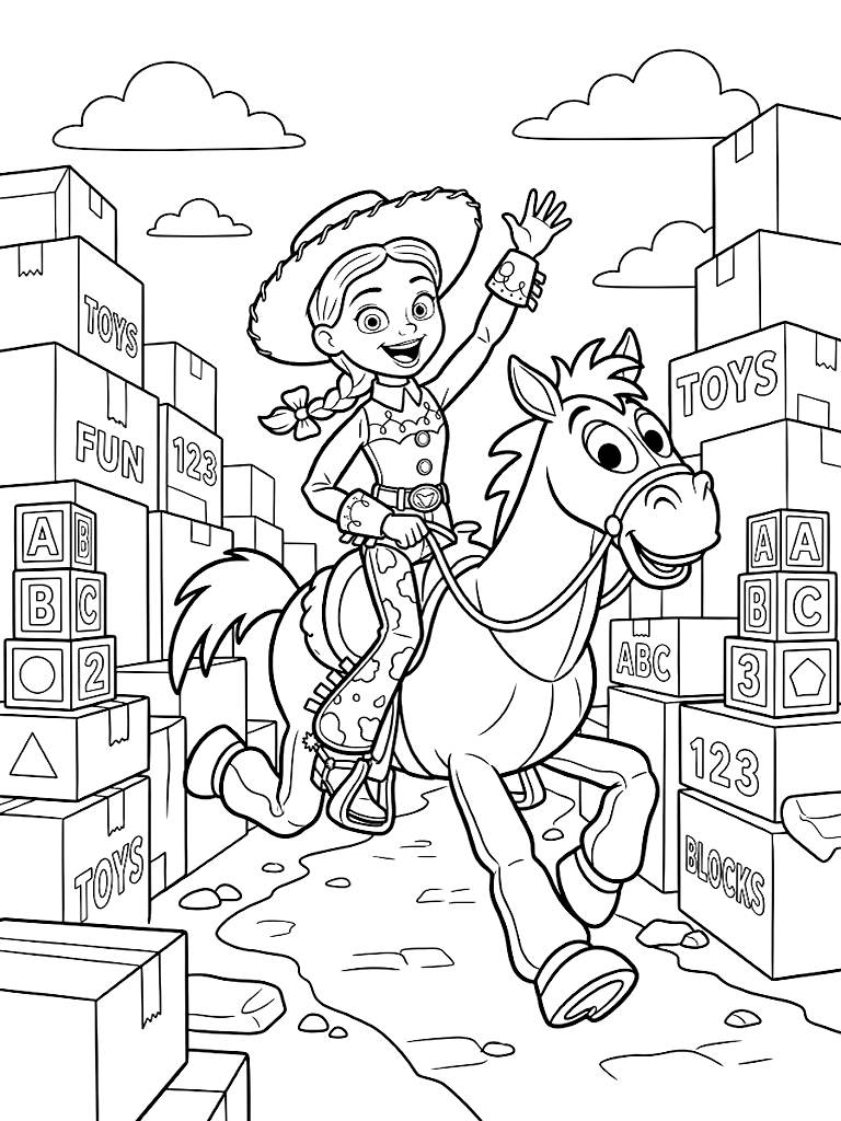 Jessie The Yodeling Cowgirl Joyfully Riding Bullseye The Horse Through A Toy Block Canyon Made Of Stacked Cardboard Boxes Coloring Page