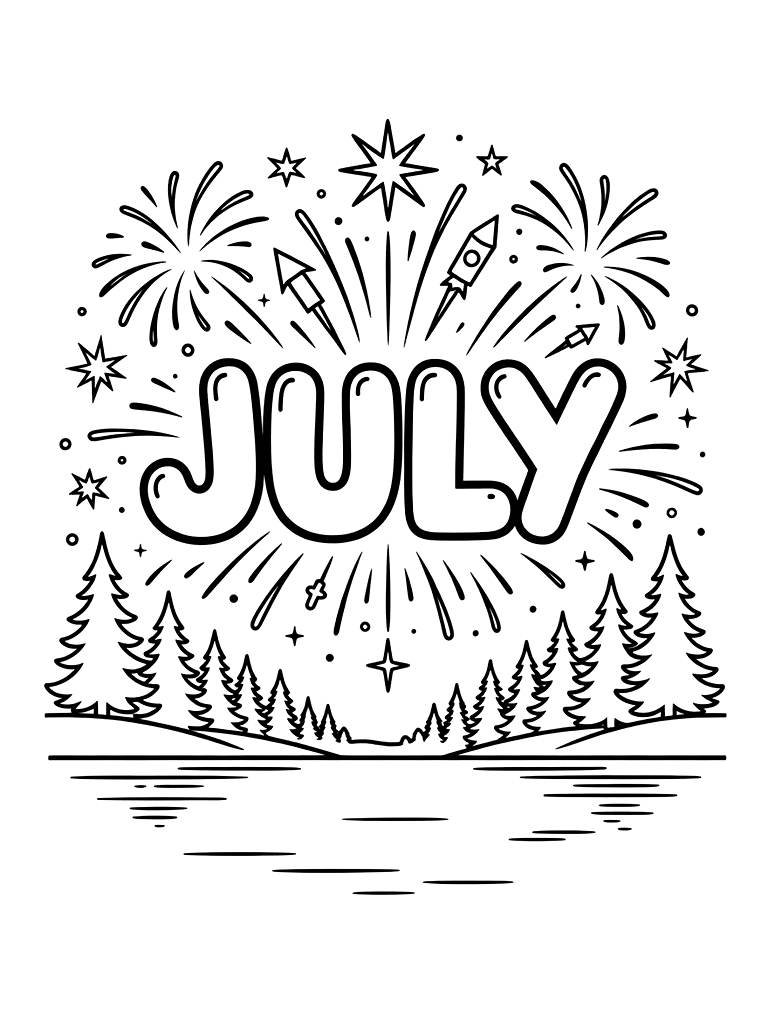 July Text Surrounded By Exploding Fireworks Over A Lake With A Silhouette Of A Pine Forest Coloring Page