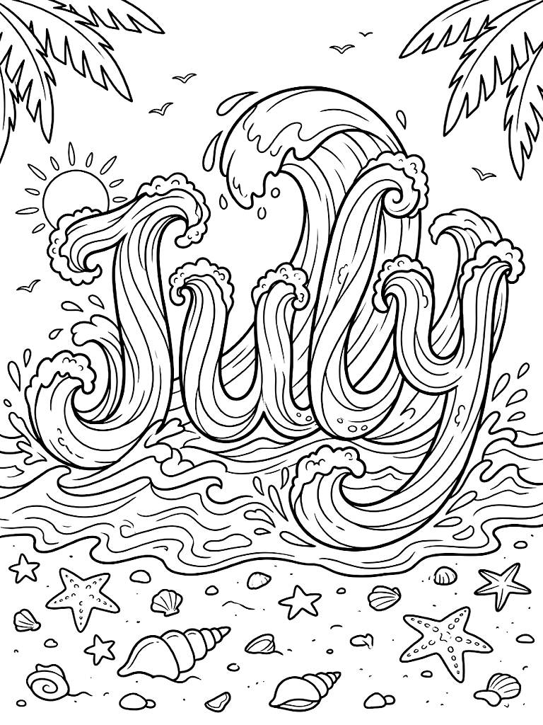 July Typography Formed By Intricate Ocean Waves Crashing Over A Sandy Beach Filled With Detailed Starfish And Conch Shells Coloring Page