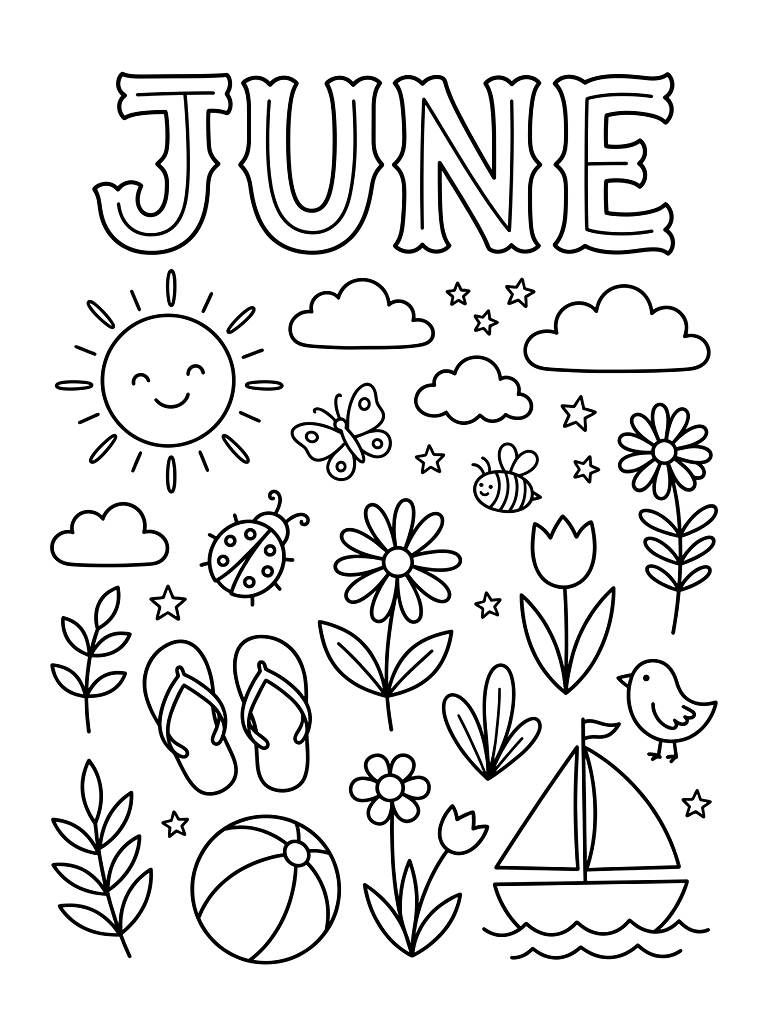 June Month Title And Early Summer Doodles Coloring Page