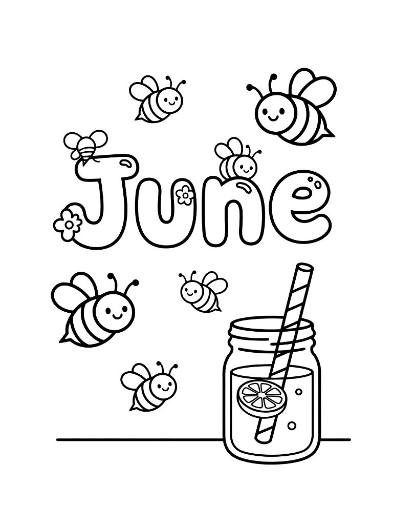 June Title Surrounded By Blooming Honeybees And A Jar Of Fresh Lemonade With A Striped Straw Coloring Page