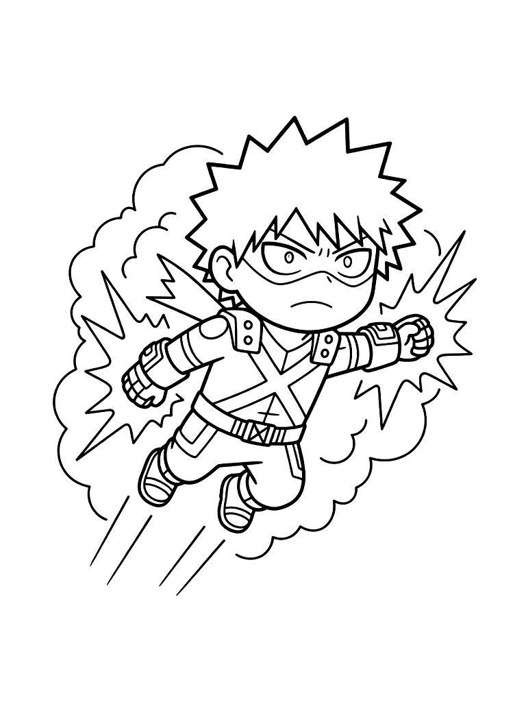 Katsuki Bakugo Using His Explosion Quirk To Propel Himself Through The Air Coloring Page
