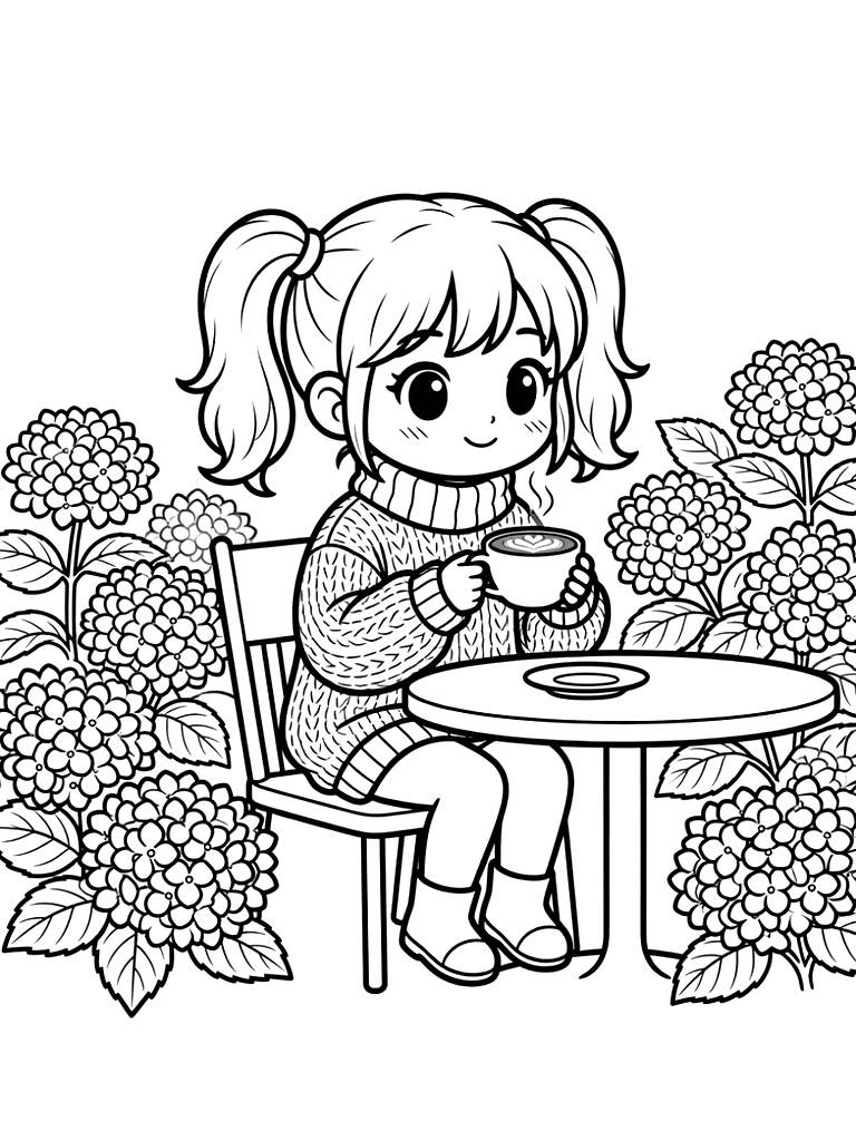 Kawaii Anime Girl In A Cozy Oversized Sweater Drinking A Matcha Latte At A Garden Table Surrounded By Blooming Pink Hydrangeas Coloring Page