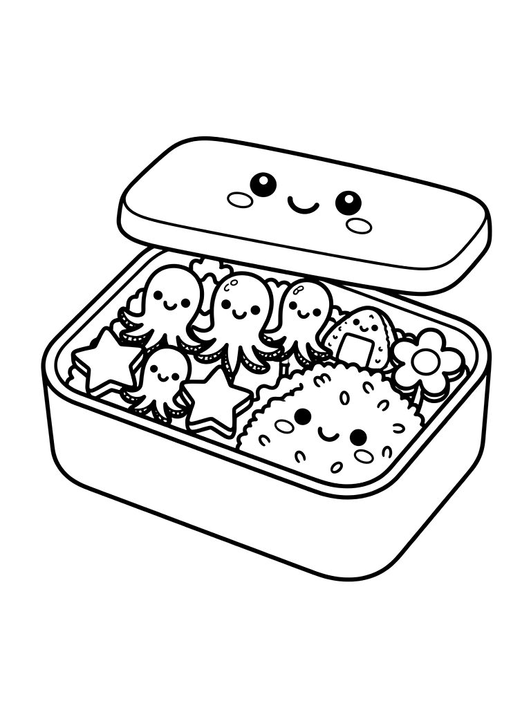 Kawaii Bento Box With Octopus-shaped Sausages And Star-shaped Yellow Carrots Coloring Page