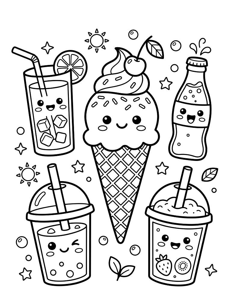 Kawaii Ice Cream And Summer Cold Drinks Coloring Page