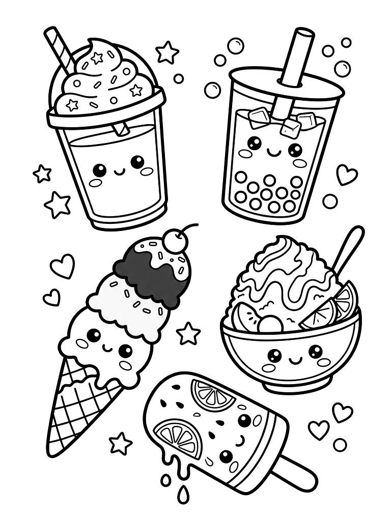 Kawaii Iced Drinks & Summer Desserts Coloring Page