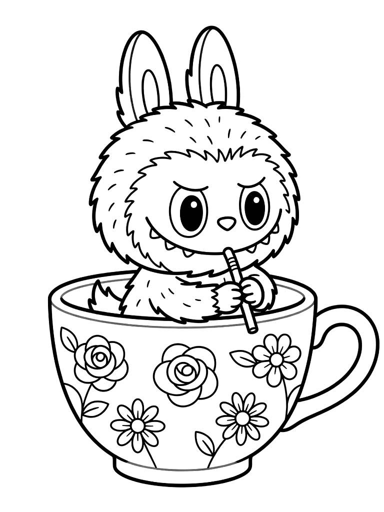 Kawaii Labubu Monster Character Sitting In A Giant Porcelain Teacup Decorated With Pastel Flowers And Drinking From A Tiny Straw Coloring Page
