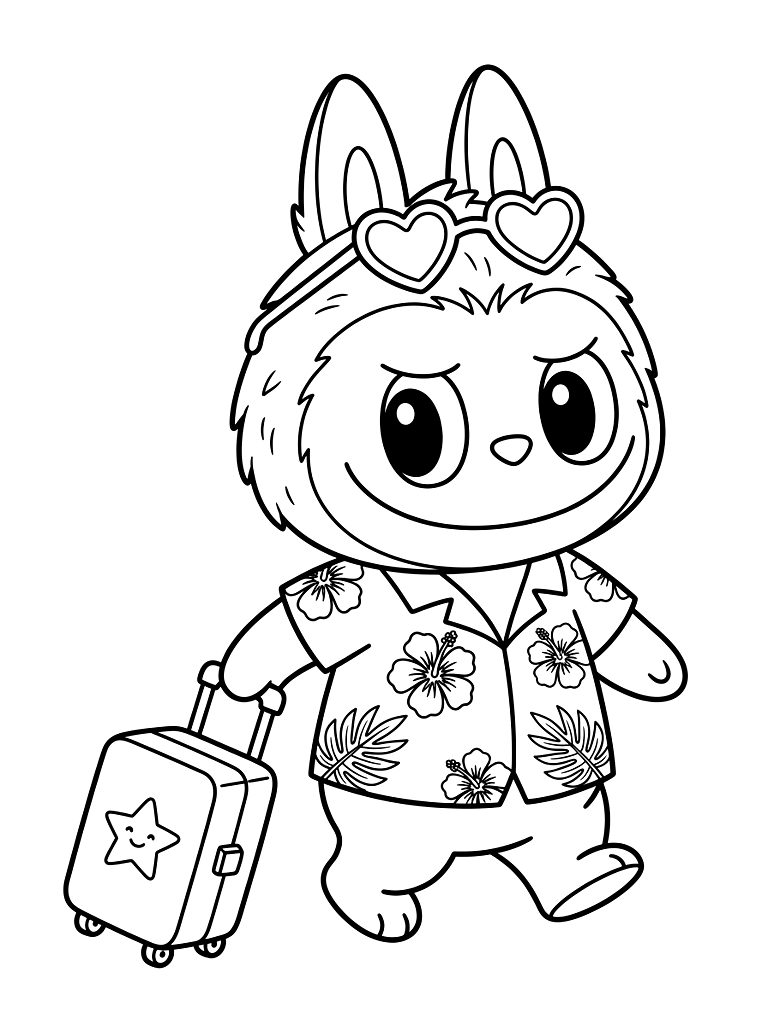 Kawaii Labubu Monster Wearing Tiny Heart-Shaped Sunglasses And A Floral Hawaiian Shirt Pulling A Mini Rolling Suitcase Coloring Page
