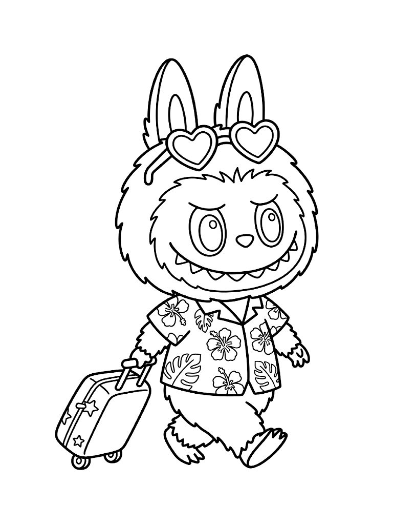 Kawaii Labubu Monster Wearing Tiny Heart-Shaped Sunglasses And A Floral Hawaiian Shirt Pulling A Mini Rolling Suitcase Coloring Page