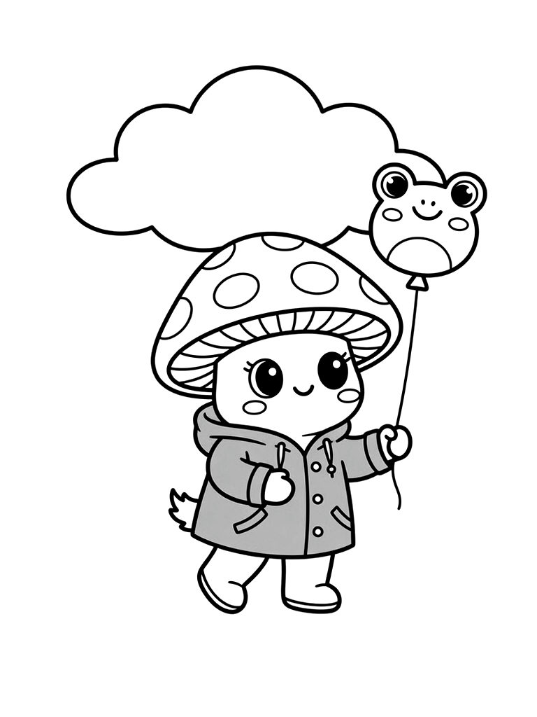 Kawaii Mushroom Character Holding A Tiny Frog-shaped Balloon And Wearing A Yellow Raincoat Under A Cloud Coloring Page