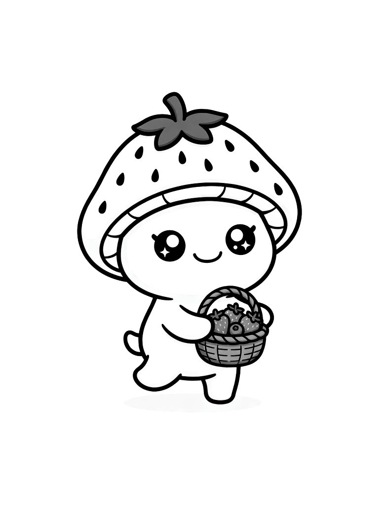 Kawaii Mushroom Character Wearing A Strawberry Hat And Holding A Tiny Basket Of Berries Coloring Page