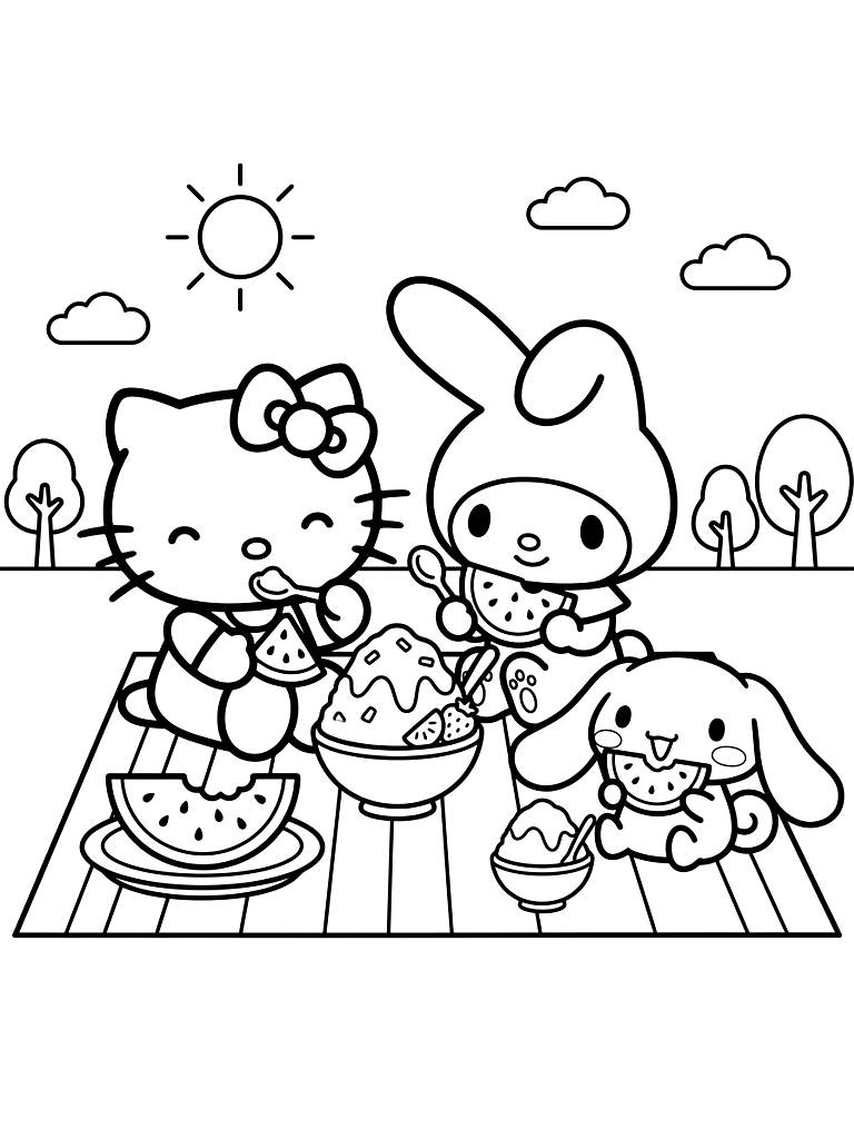 Kawaii Sanrio Characters Eating Shaved Ice & Watermelon Coloring Page