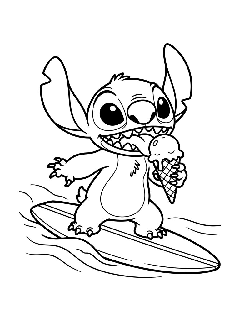 Kawaii Stitch Eating Ice Cream And Surfing Coloring Page