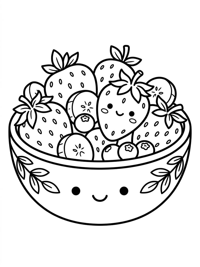 Kawaii Strawberry Fruit Bowl Coloring Page