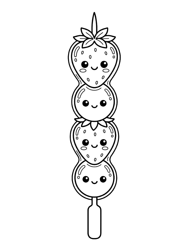 Kawaii Tanghulu Skewer Of Candied Strawberries And Green Grapes With Cute Happy Faces And A Shiny Sugary Glaze Coloring Page