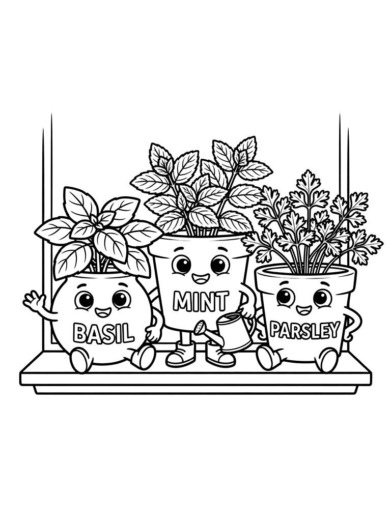 Kitchen Herb Pots Coloring Page
