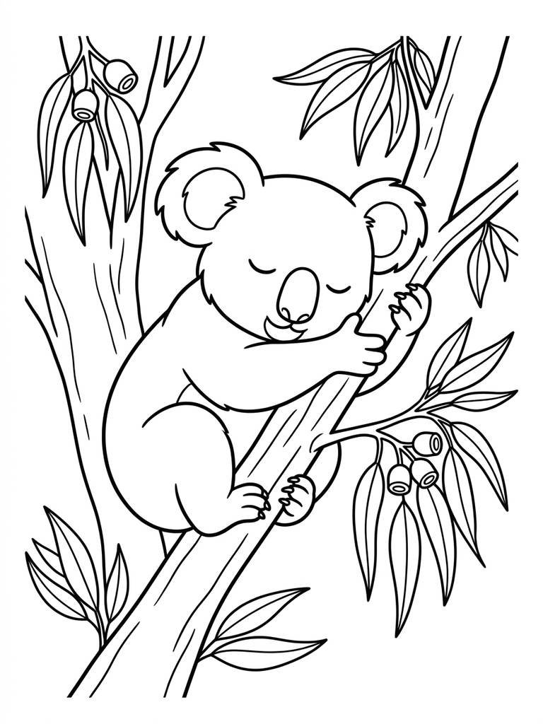 Koala Sleeping On Eucalyptus Tree Coloring Page