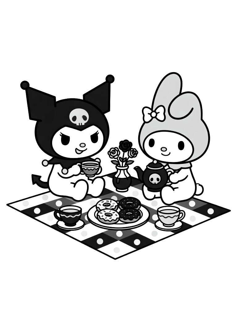 Kuromi And My Melody Having A Goth-Pastel Picnic With Skull-shaped Donuts And Pink Tea Coloring Page