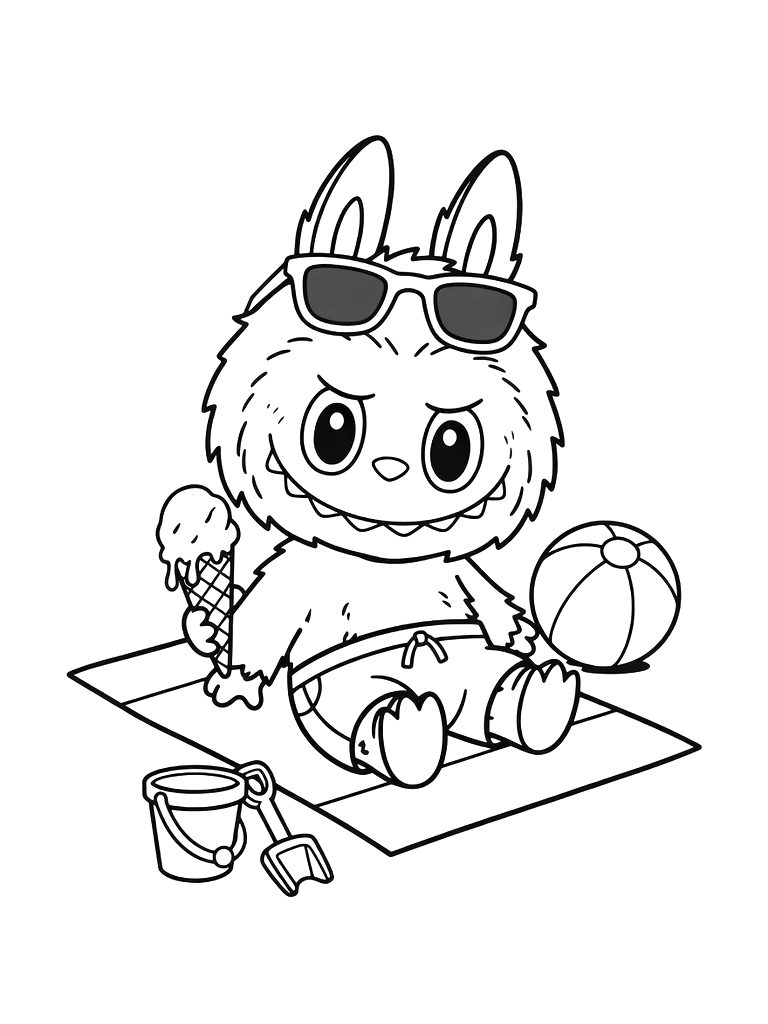 Labubu At The Beach Summer Scene Coloring Page