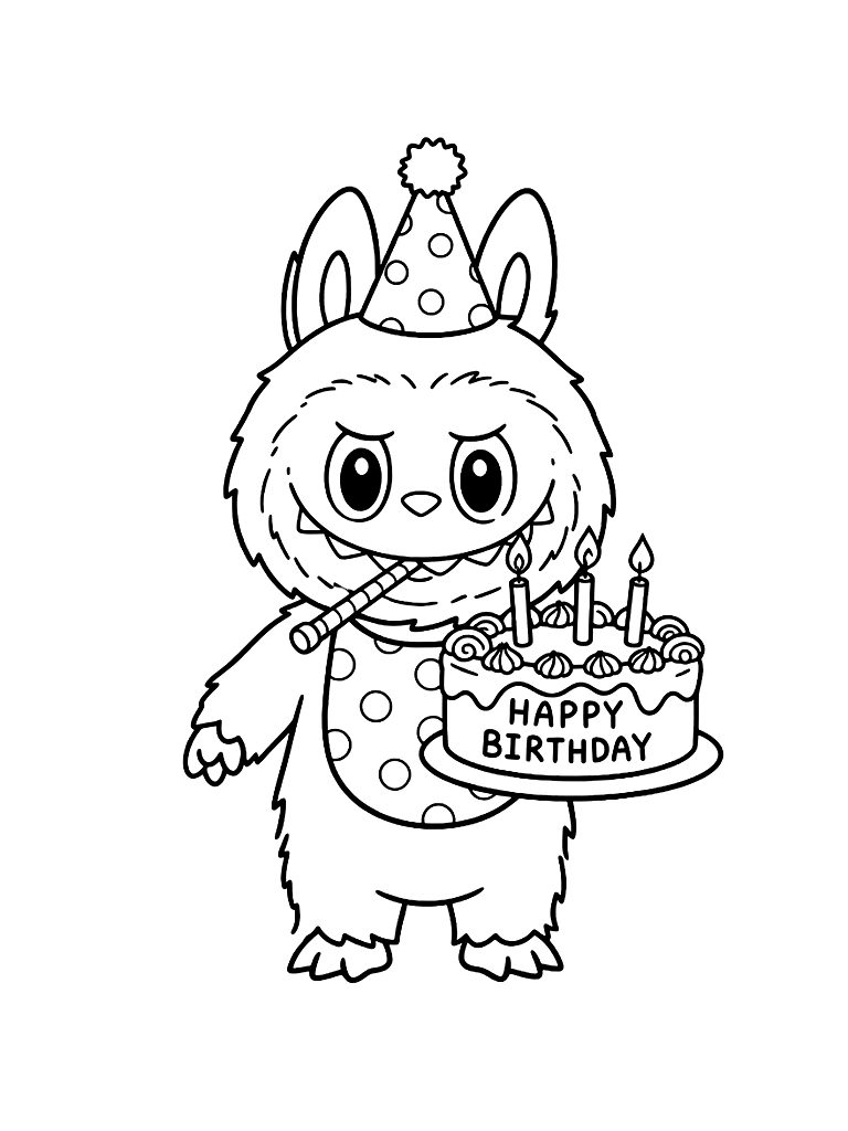 Labubu Birthday Party With Cake Coloring Page