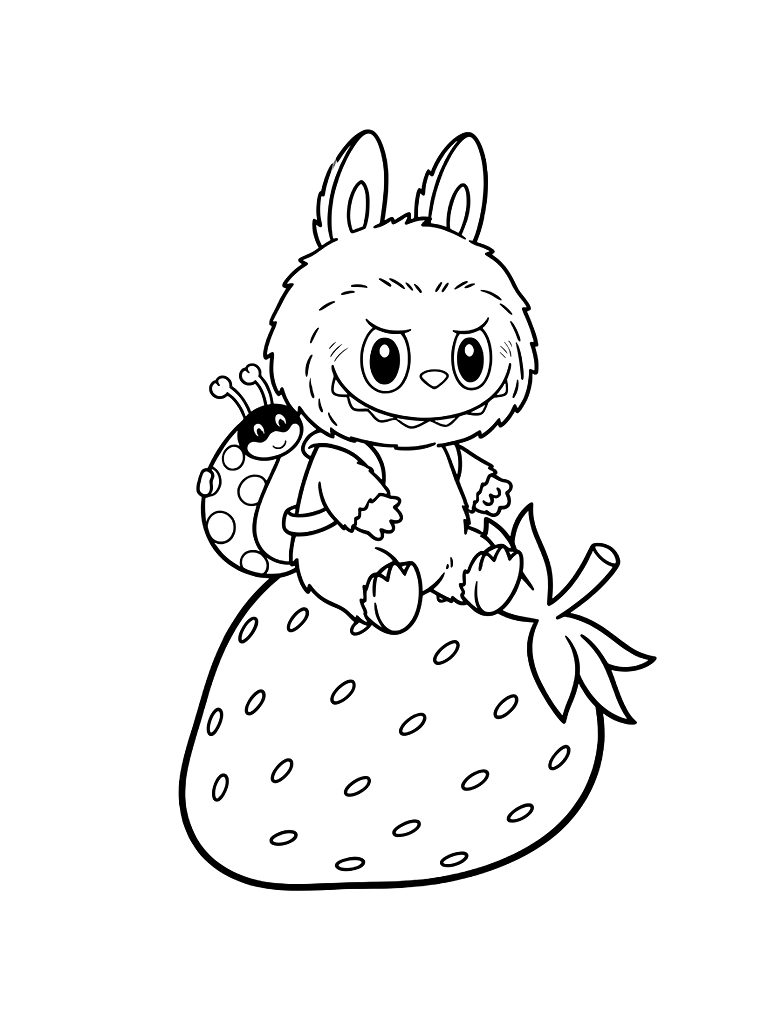 Labubu Character Sitting On A Giant Strawberry And Wearing A Cute Ladybug-themed Backpack Coloring Page