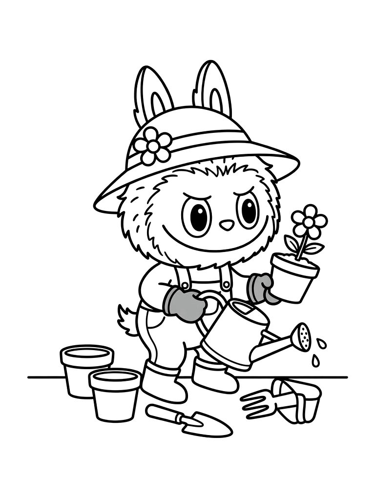 Labubu Dressed As A Spring Gardener With A Watering Can And Flower Pots Coloring Page