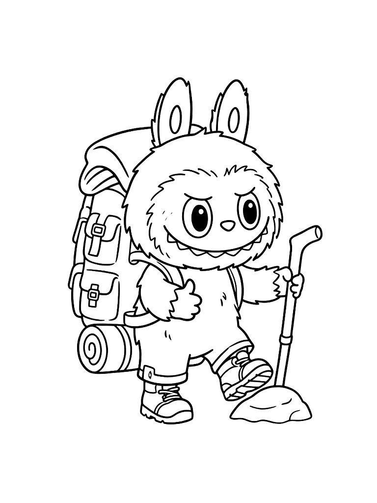 Labubu Hiking With Backpack Coloring Page