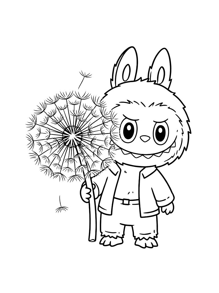 Labubu Monster Character Holding A Giant Fluffy Spring Dandelion Puff Coloring Page